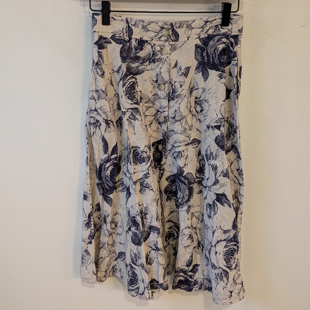 VTG Women's Liz Claiborne Collection 100% Linen Floral Cottagecore Button Skirt
